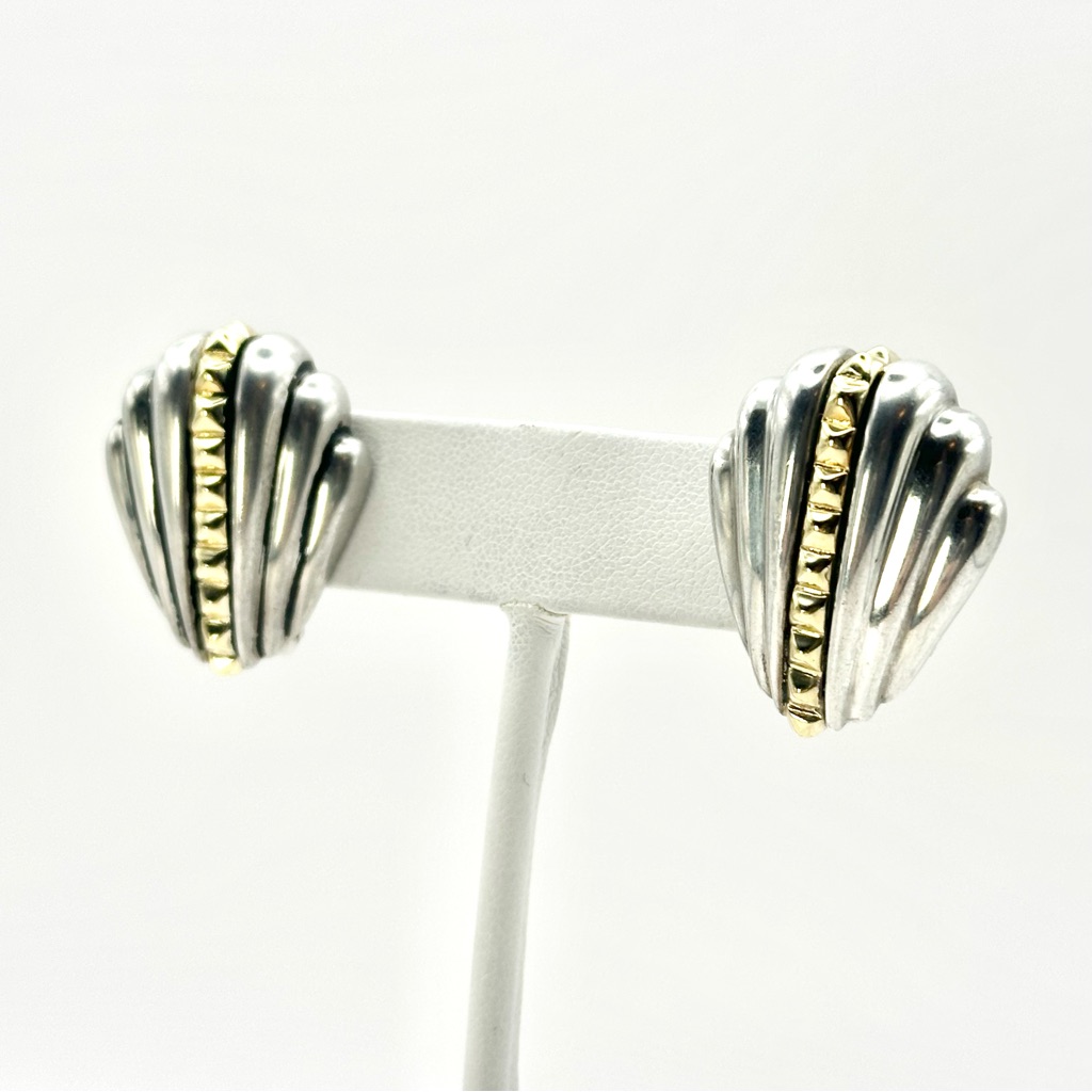 Lagos Vintage Caviar Sterling Silver  18 Kt Gold Studded Fluted Earrings